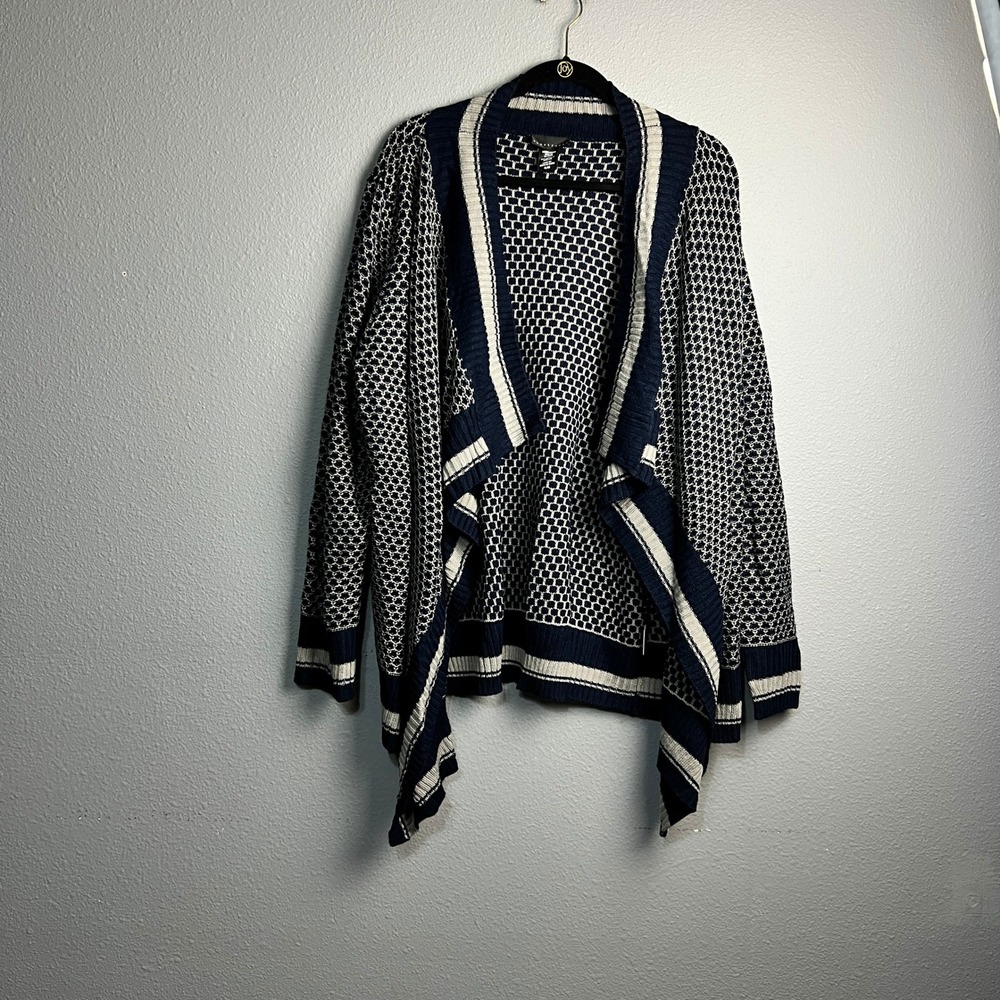 Apostrophe Academic Navy Wht Geometric Open Front Waterfall Cardigan Sweater XL